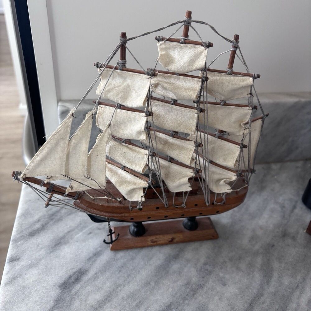 VTG Wooden Tall Ship Model 10" Nautical Sailing Vessel Decor Anchor Sailboat - Picture 5 of 12